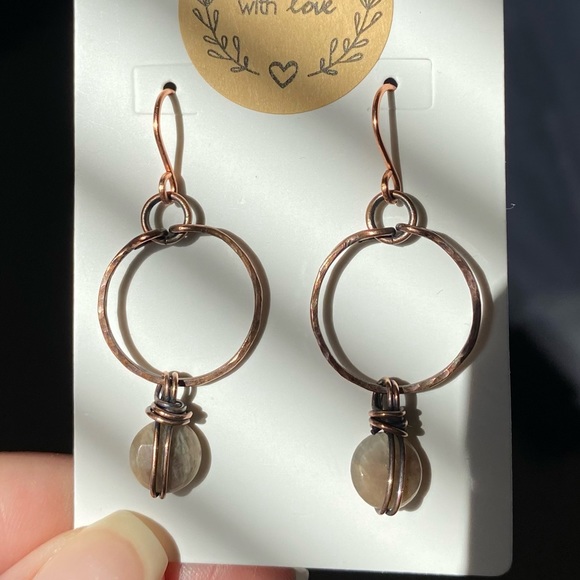 Handcrafted Moonstone + Copper Dangle Hoop Earrings - Picture 5 of 6